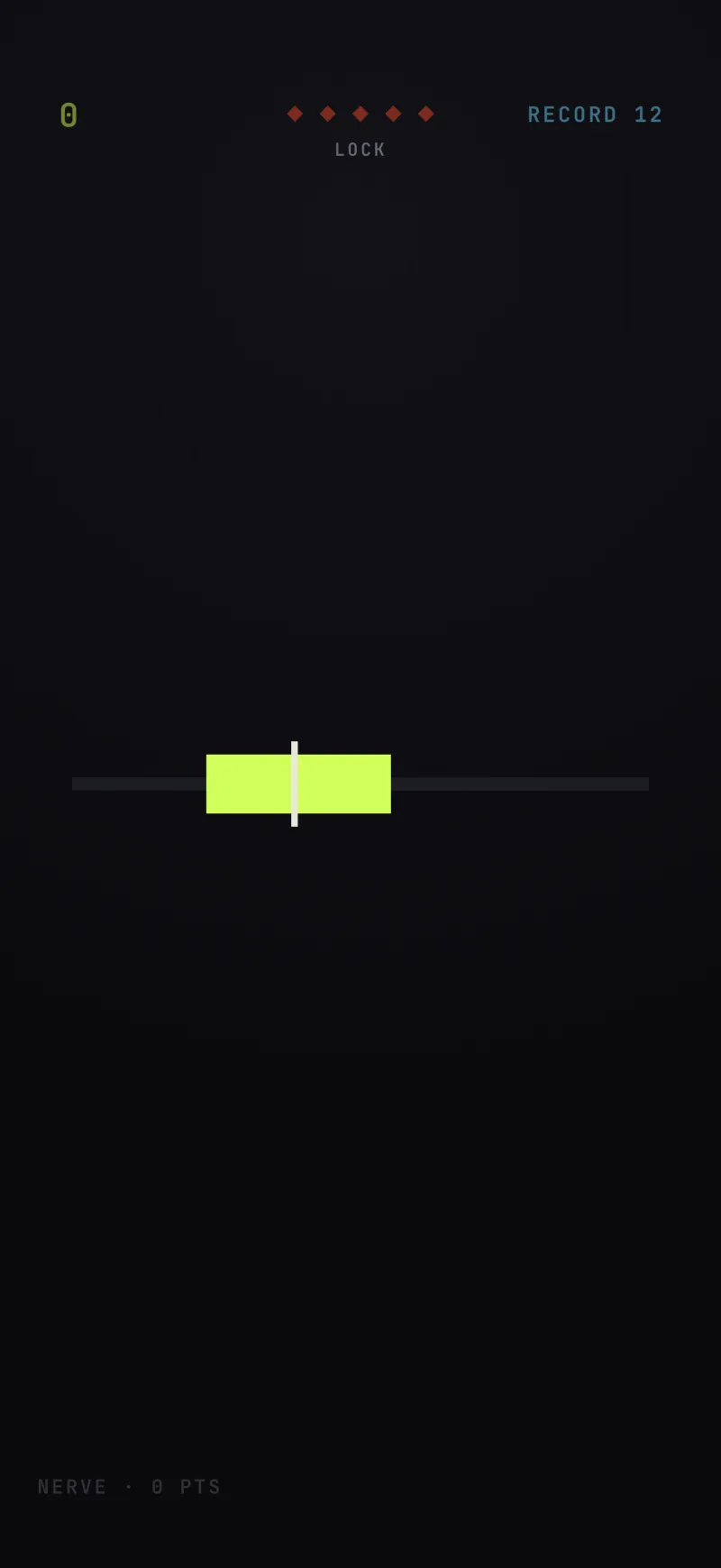 NERVE LOCK mini-game: a cursor sweeps across a bar and you tap when it is inside the green zone
