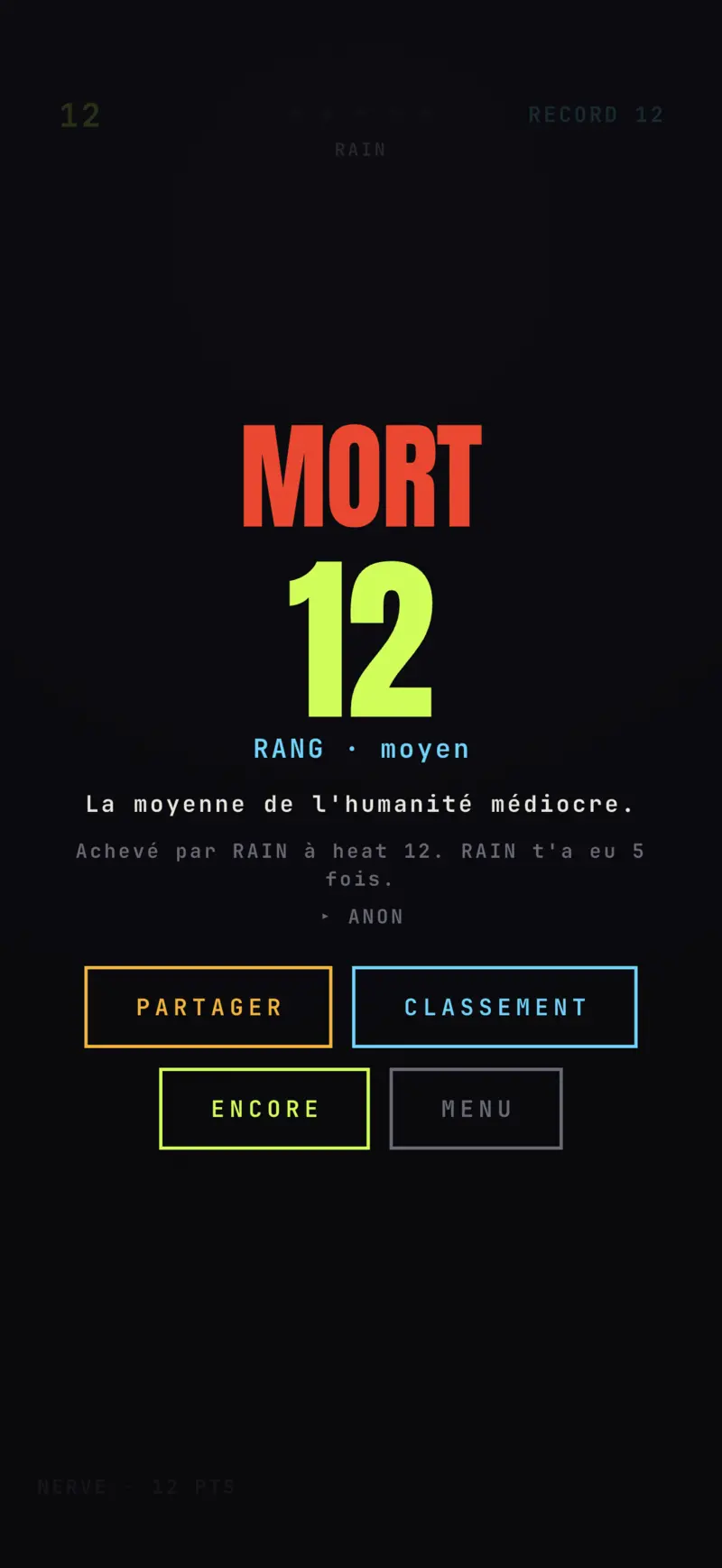 NERVE game-over screen after choice mistakes consume five shared lives