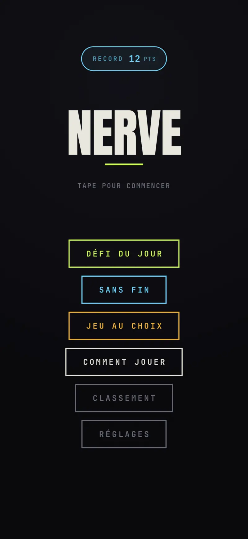 NERVE menu offering several reflex game modes and a leaderboard